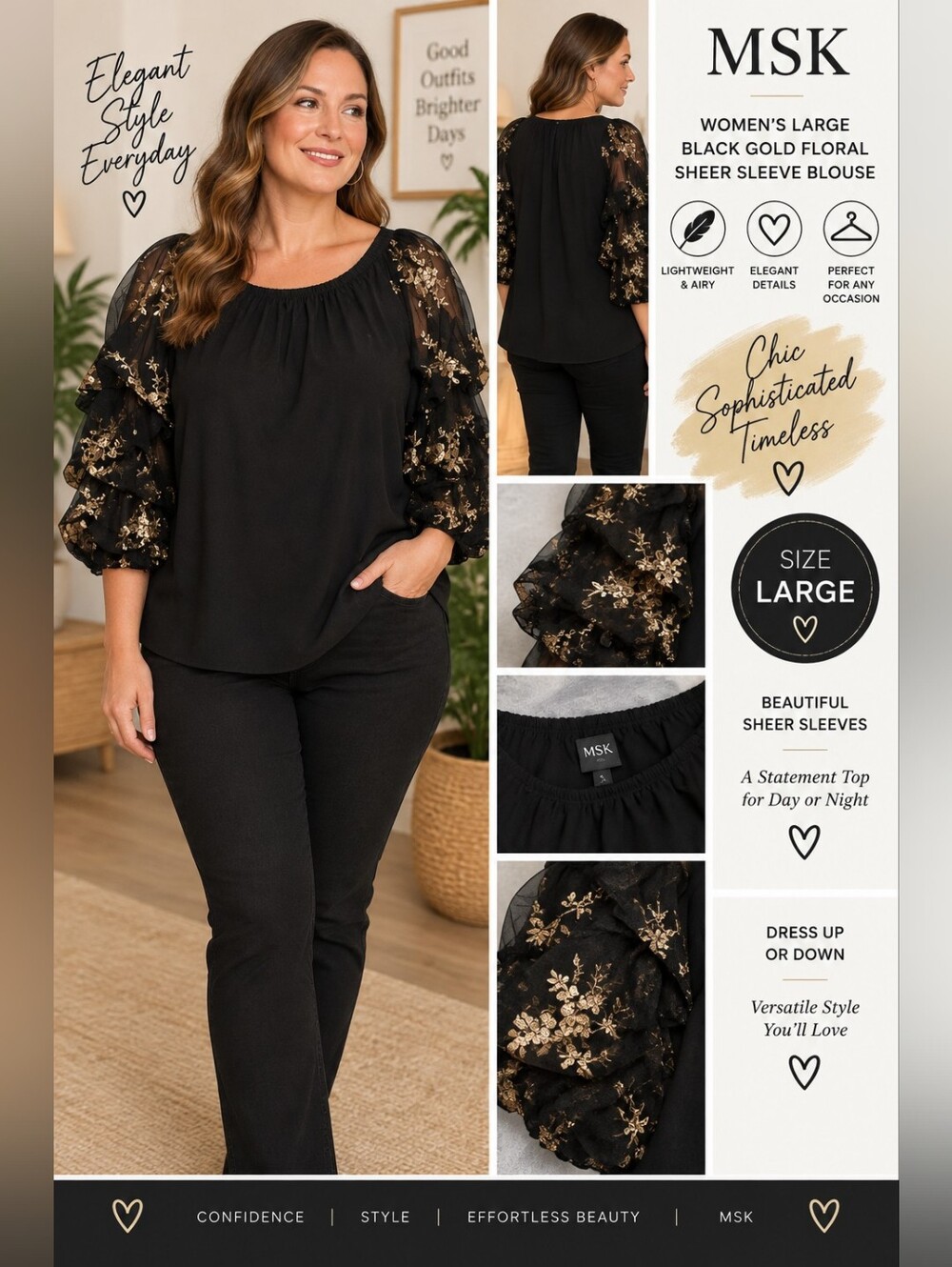 MSK women's large black gold floral sheer sleeve blouse #30